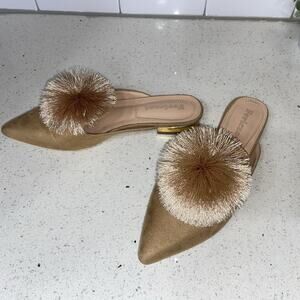 Fericzot Women’s US 6.5 Slip-On Mule Puff Pompom Pointed Toe Slippers, Nude Gold